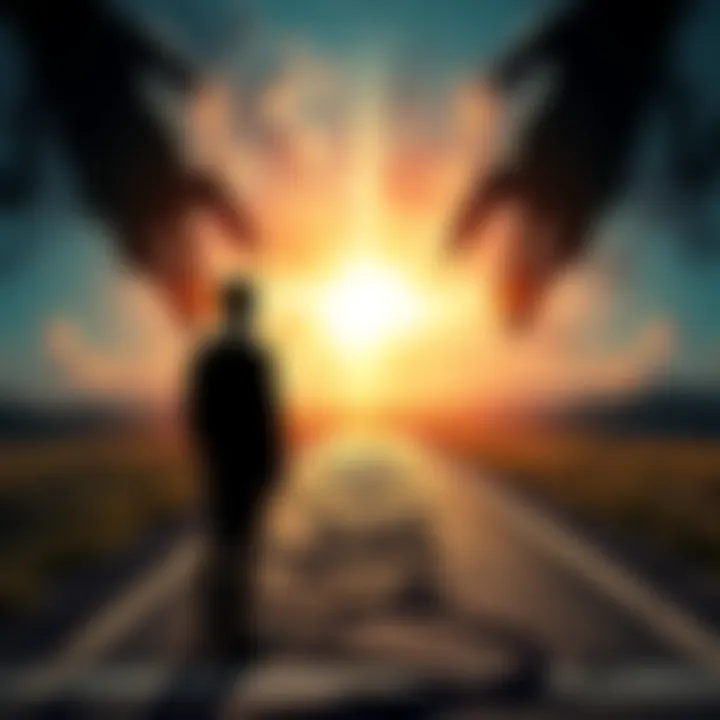 A person standing at a crossroads, looking towards a distant light symbolizing hope and love while shadows of Hecate loom nearby