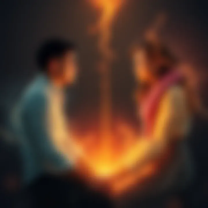 A man and woman sitting across from each other, looking contemplative. Energy waves connect them, symbolizing the Twin Flame bond. Soft colors create a harmonious feel.