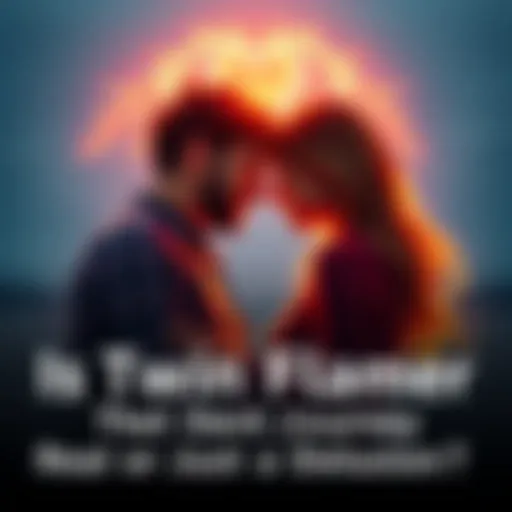 A man and a woman standing close together, radiating warmth and connection, with a glowing heart symbol above them, representing the twin flame concept.