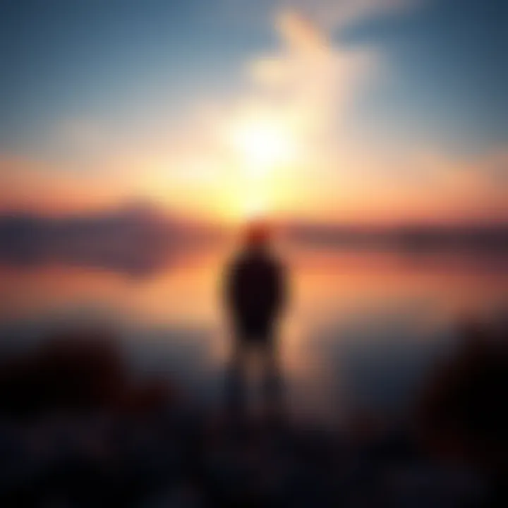Twin Flame Connection A person reflecting on their journey of self-discovery, standing by a calm lake at sunset, symbolizing empowerment and personal growth.