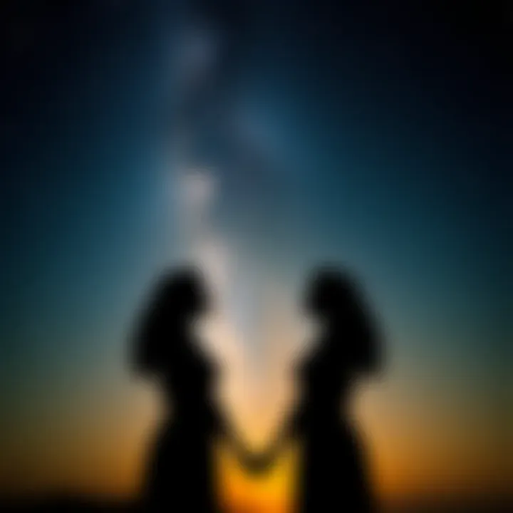 A serene night sky filled with stars, symbolizing a deep spiritual connection, with two silhouettes facing each other, representing twin flames.