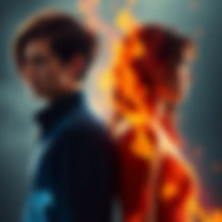 A couple standing apart, showing contrasting emotions – one looking contemplative and the other appearing indifferent, symbolizing the emotional gap between twin flames.