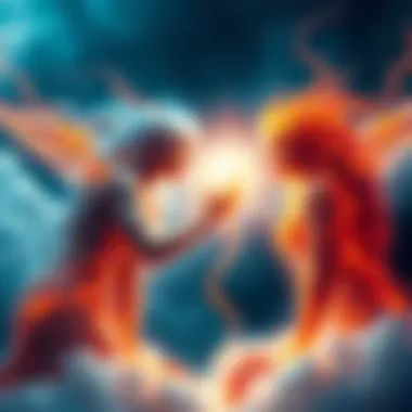 A serene scene showing two figures connecting with bright light between them, symbolizing twin flames and spiritual awakening.