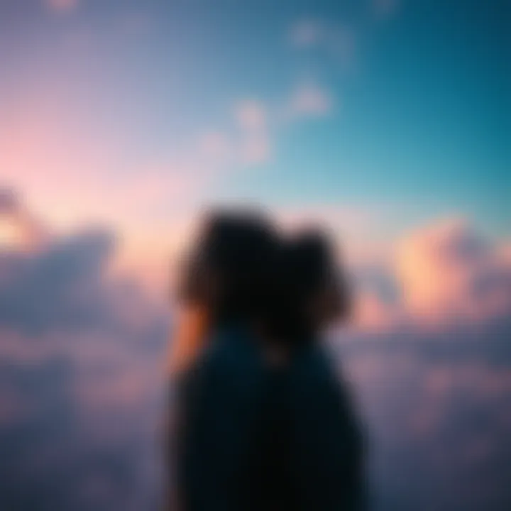 A twin gazing out into a vast sky, reflecting on life and dreams, evoking feelings of loss and hope.