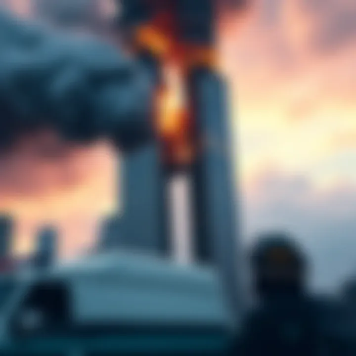 Smoke rising from the Twin Towers after the attacks, with a focus on the scene's chaos and emergency response.