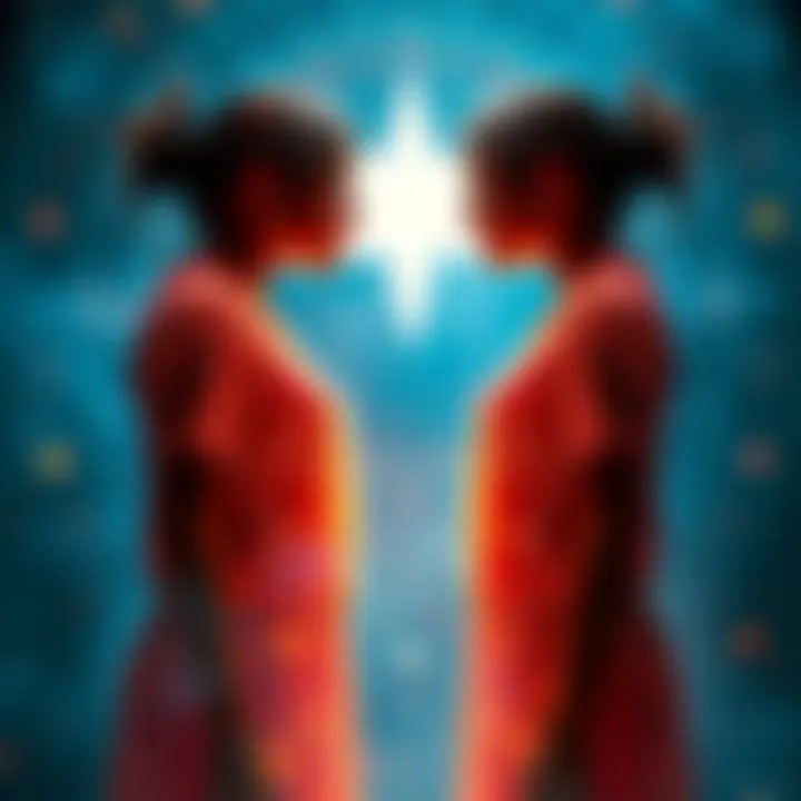 Two identical twins standing together, sharing their unique vibrational energy, surrounded by a cosmic background representing astrology and genetics.
