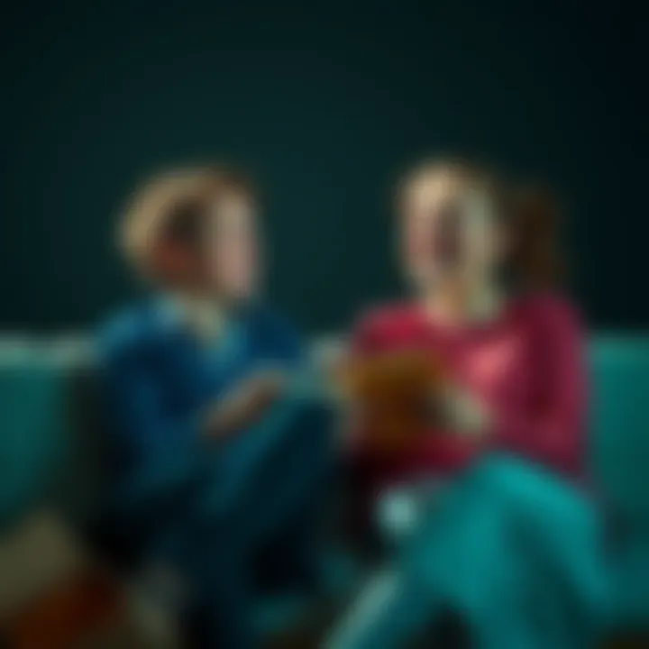 Two twins sitting together, sharing stories and laughing, with a hint of surprise on their faces, symbolizing betrayal and close bonds.