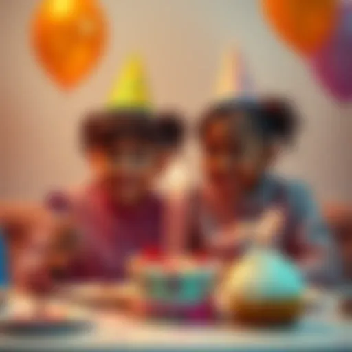 Two twins enjoying a birthday brunch with cake and balloons