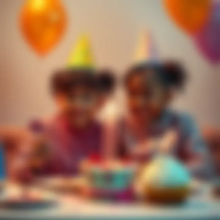 Two twins enjoying a birthday brunch with cake and balloons