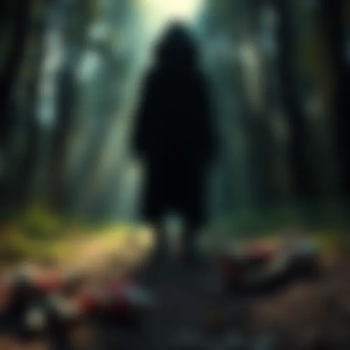A shadowy figure in a dimly lit forest, symbolizing the uncertainty surrounding the missing twins, with a pair of abandoned toys on the ground to evoke emotions of loss and inquiry.