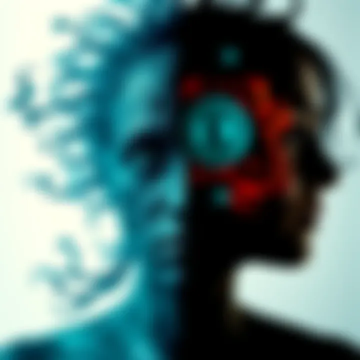 A split image showing one side with chaotic thoughts represented by swirling colors and shapes, and the other side with calm and orderly patterns signifying a sane mind.