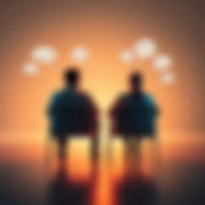 A person sitting in two chairs facing each other, one representing their current state and the other their desired state, with thought bubbles showing different dreams and goals.