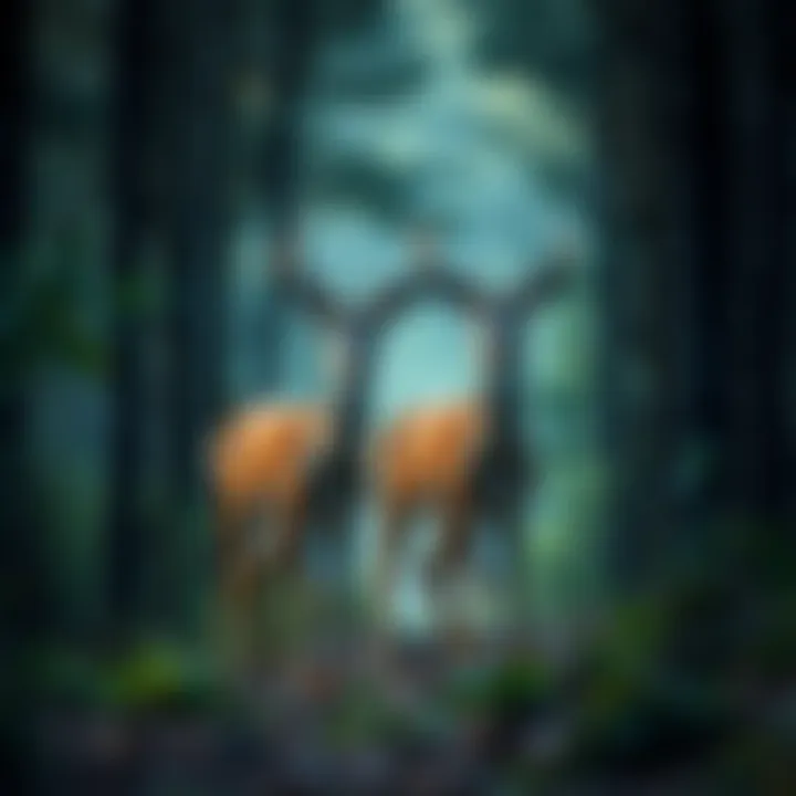 A peaceful scene of two deer standing among trees in a forest, symbolizing signs from Diana.