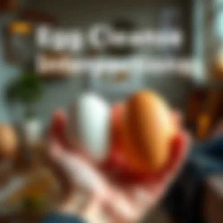 A person holds two eggs, seeking interpretations for an egg cleanse result, with a background of a cozy room