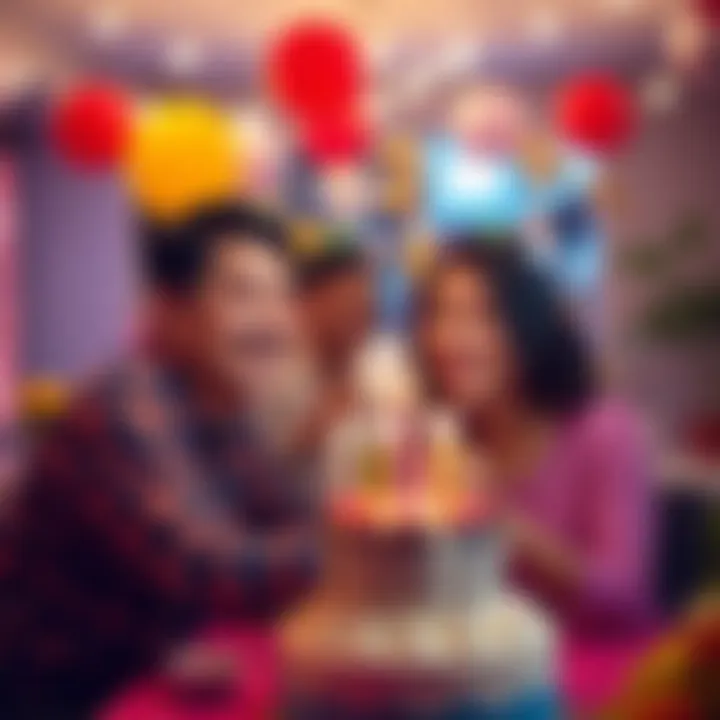 Two family members joyfully celebrating their birthday together; bright decorations and cake in the background