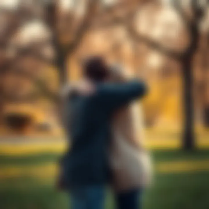 Two friends reconnecting Two people sharing a warm hug in a serene park, representing a deep connection and friendship that spans time, evoking a sense of nostalgia and comfort.