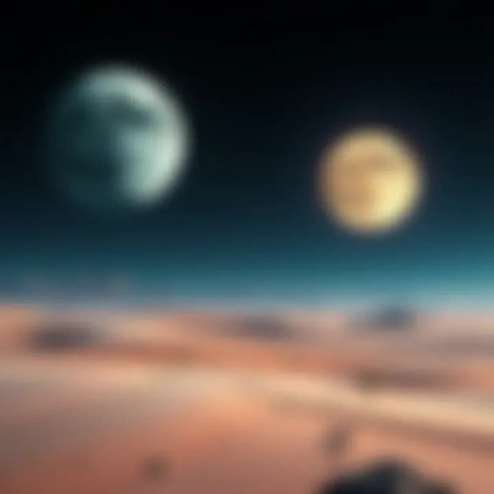 A surreal desert landscape featuring two bright moons in a starry sky, possibly representing a dream or astral projection experience.