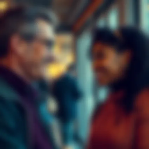 Two individuals smiling and making eye contact, highlighting a moment of connection and acknowledgment in a casual setting.