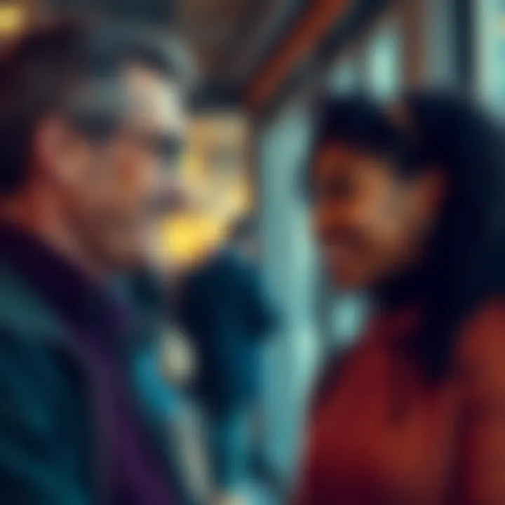 Two individuals smiling and making eye contact, highlighting a moment of connection and acknowledgment in a casual setting.