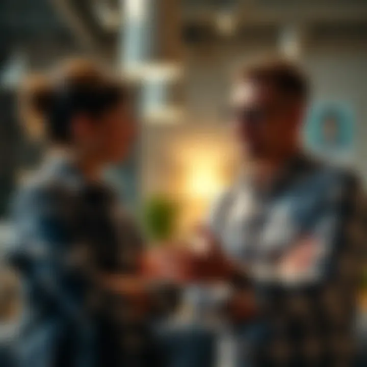 A relaxed colleague and a tense individual in a casual setting, showing contrasting body language during a conversation.