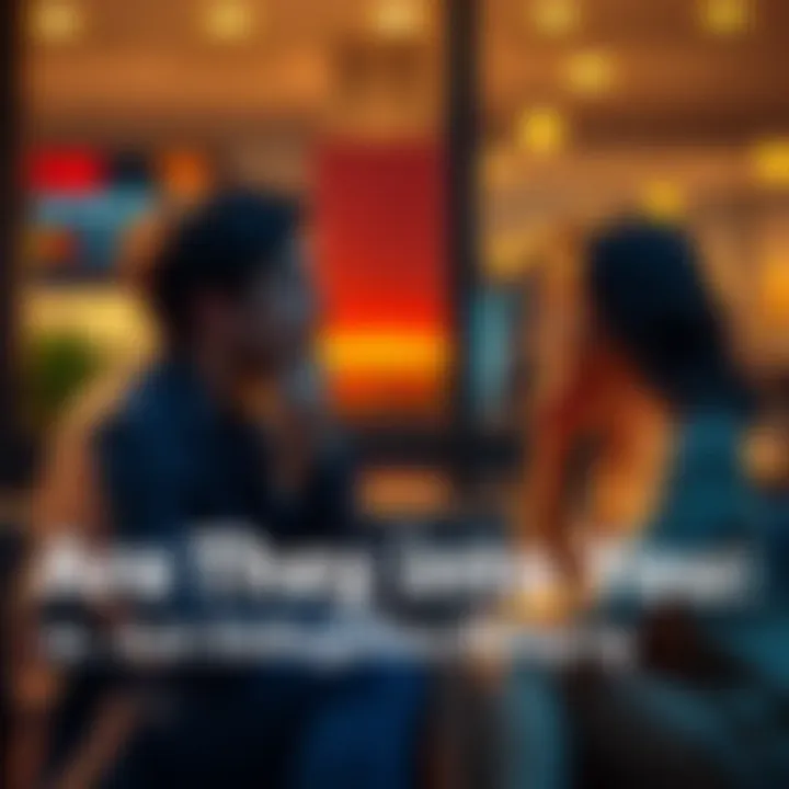 A man and a woman sitting across from each other, discussing feelings and signs of attraction, with thoughtful expressions.
