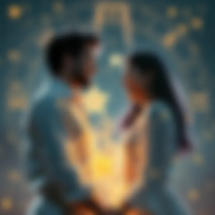 A joyful moment between two people sharing a deep connection, surrounded by stars and zodiac symbols, representing their Pisces bond.