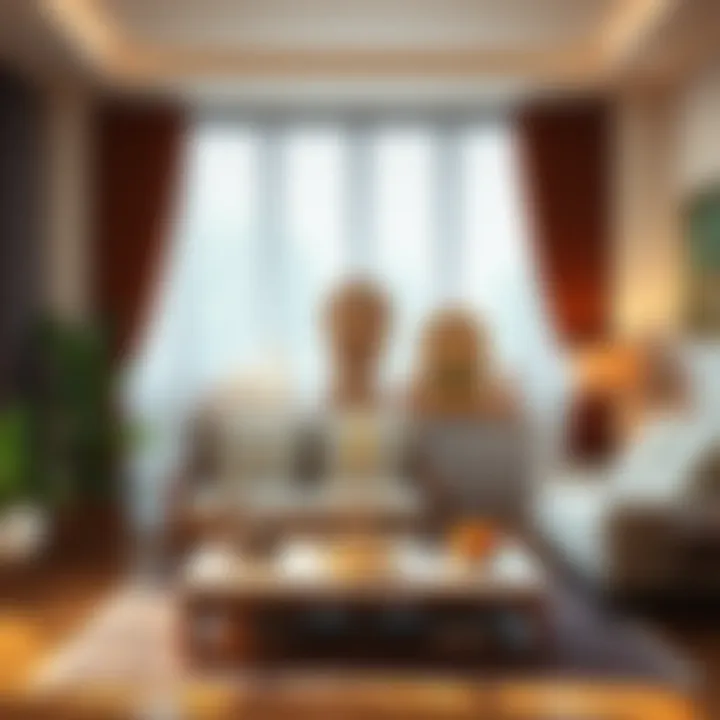 A bright living room with two separate altars, one with candles and a statue, the other with offerings for different deities. The space reflects a blend of cultures and respectful coexistence.