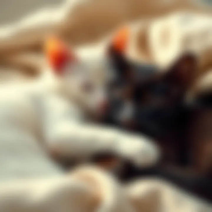Two cats cuddling on a soft blanket, one with a white coat and the other with a dark coat, representing love and companionship.