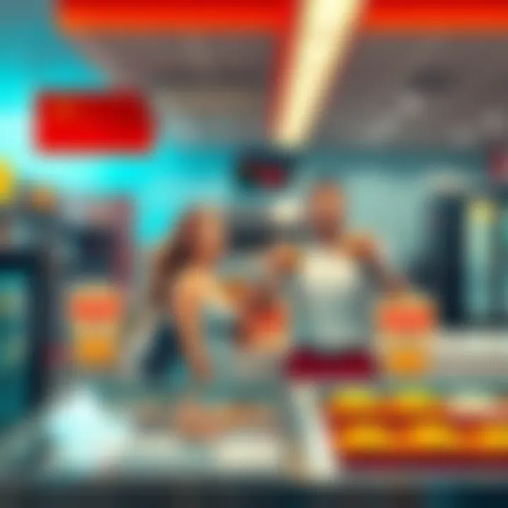 Two beach-goers standing at a deli counter, each holding identical sandwiches, looking surprised at their coincidence.