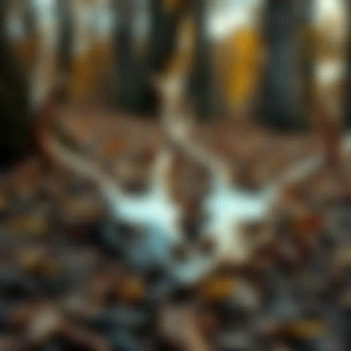 A close-up of two deer skulls resting on the ground among fallen leaves, surrounded by trees