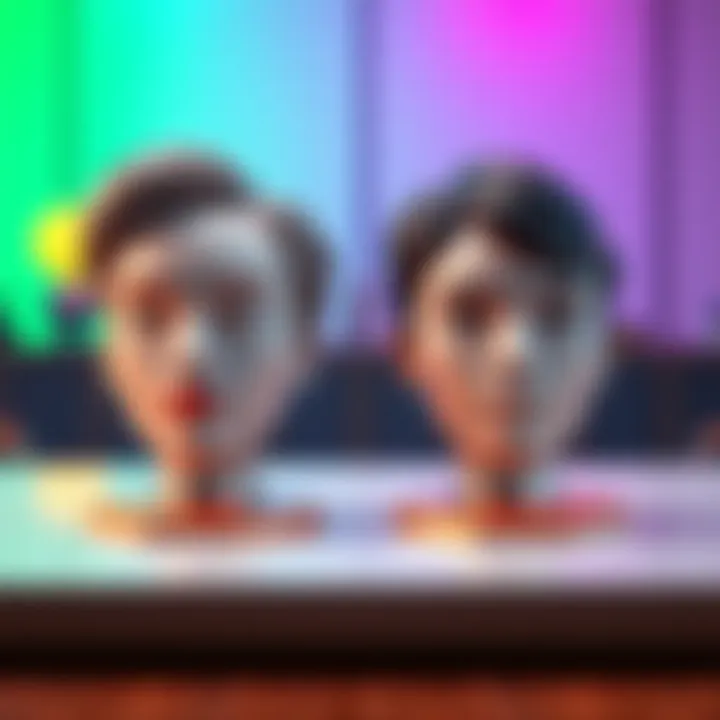 A comparison of two different face designs placed side by side on a table, showing distinct features and styles for a final choice discussion.