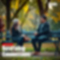 Two friends sitting on a park bench, talking and smiling at each other, symbolizing reconnection and communication.