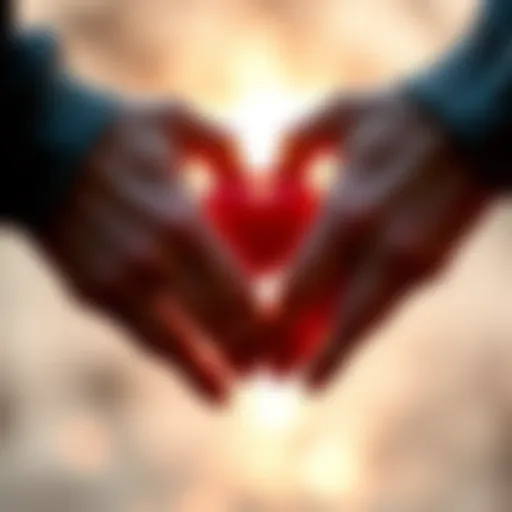 A close up of two hands holding each other gently, symbolizing love and connection in a serene setting.