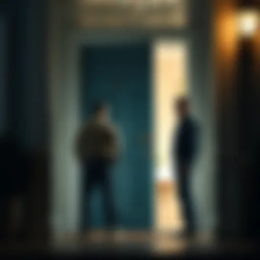 Two men standing at a home entrance, looking uncertain as they knock on the door late at night.