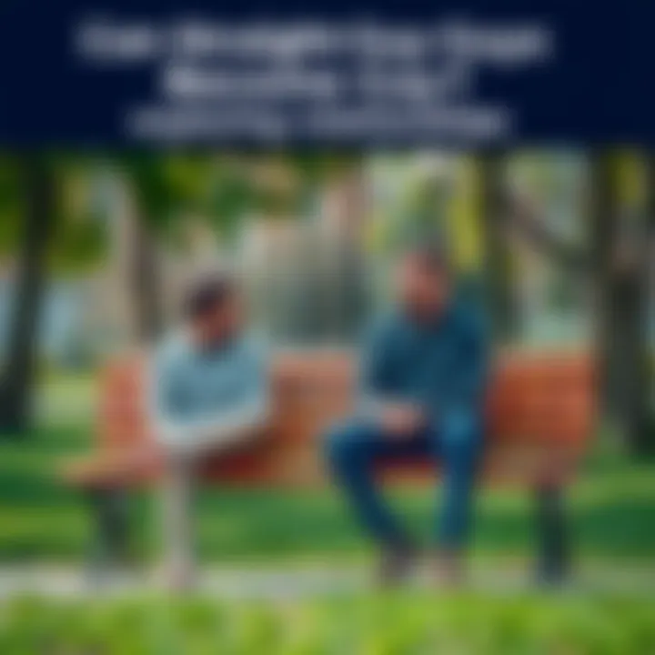 Two men sitting on a park bench, engaged in a deep conversation about relationships and feelings, showing a friendly connection.