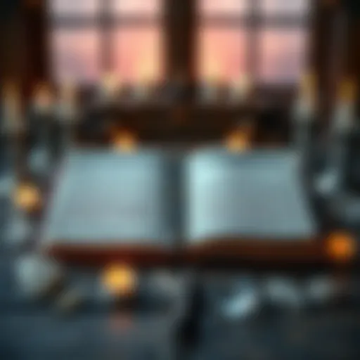 Two open spell books on a wooden table, one in a native language and the other in English, surrounded by candles and crystals.