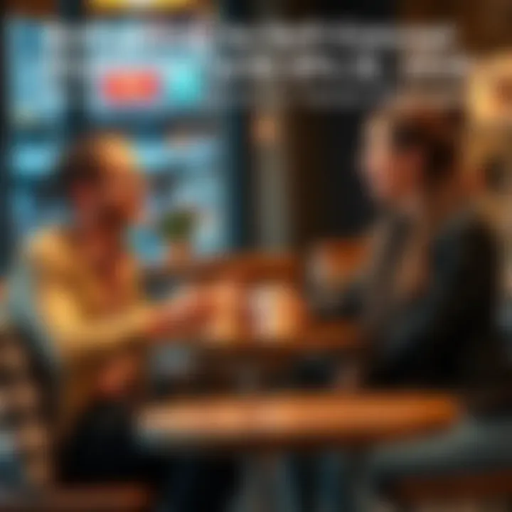 Two people in conversation A man and a woman sitting at a cafe table, engaged in a deep conversation. They are smiling, with coffee cups in front of them, reflecting a supportive and open dialogue. The setting is cozy and intim...