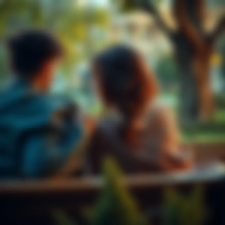A close-up of two individuals seated on a park bench, appearing deep in conversation while contemplating emotional connections.