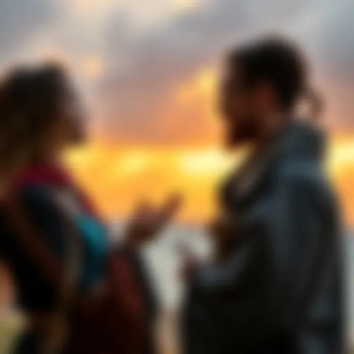 A pagan and a Christian engaged in a respectful conversation about their beliefs, showcasing diverse religious views and mutual understanding