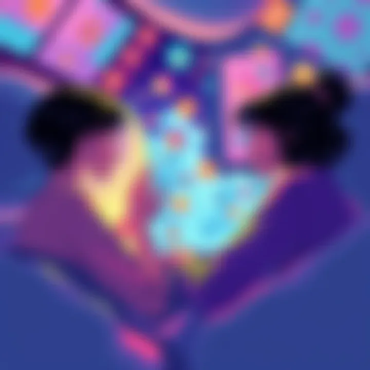 Illustration of two individuals sharing a lucid dream in a familiar setting, surrounded by vivid and colorful dream elements.