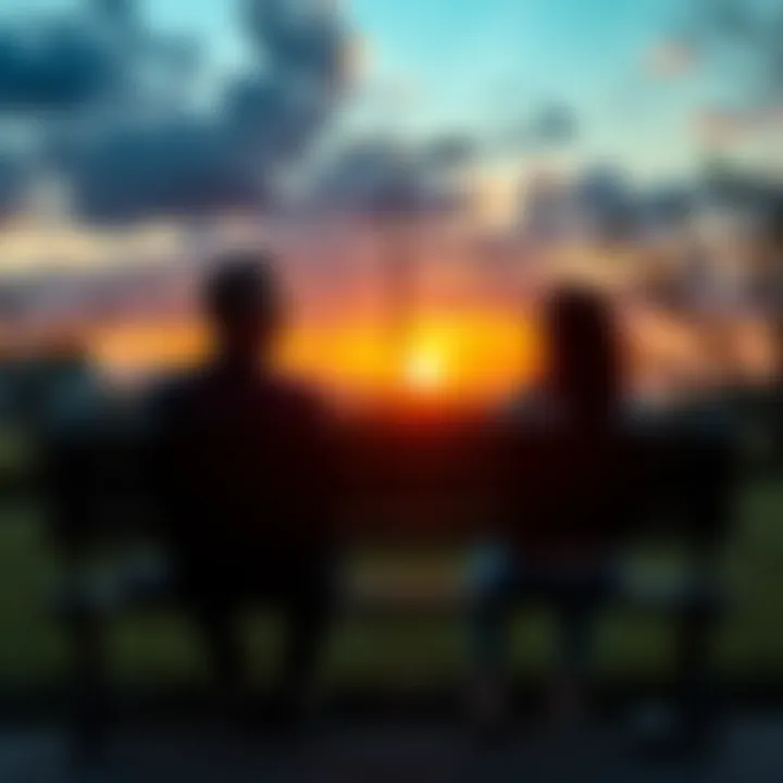 A man and a woman sit on a park bench, looking at the sunset, deep in thought about life's meaning and their experiences.