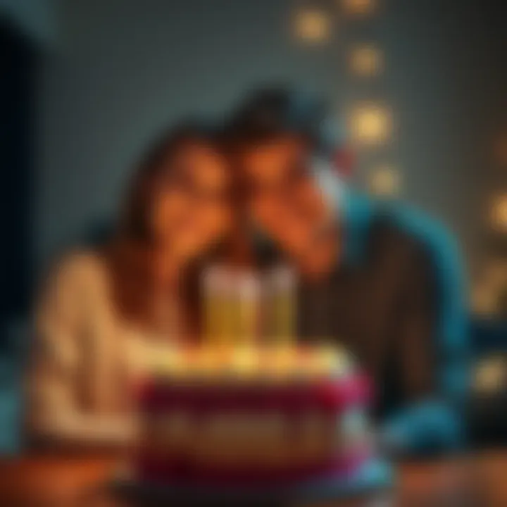 Two individuals celebrating their shared birthday, smiling and connecting over a birthday cake, representing astro-twins.