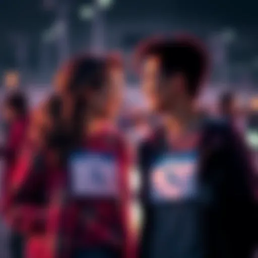 Two individuals standing close, each holding a name tag showing the same initials, smiling at each other in a friendly manner.