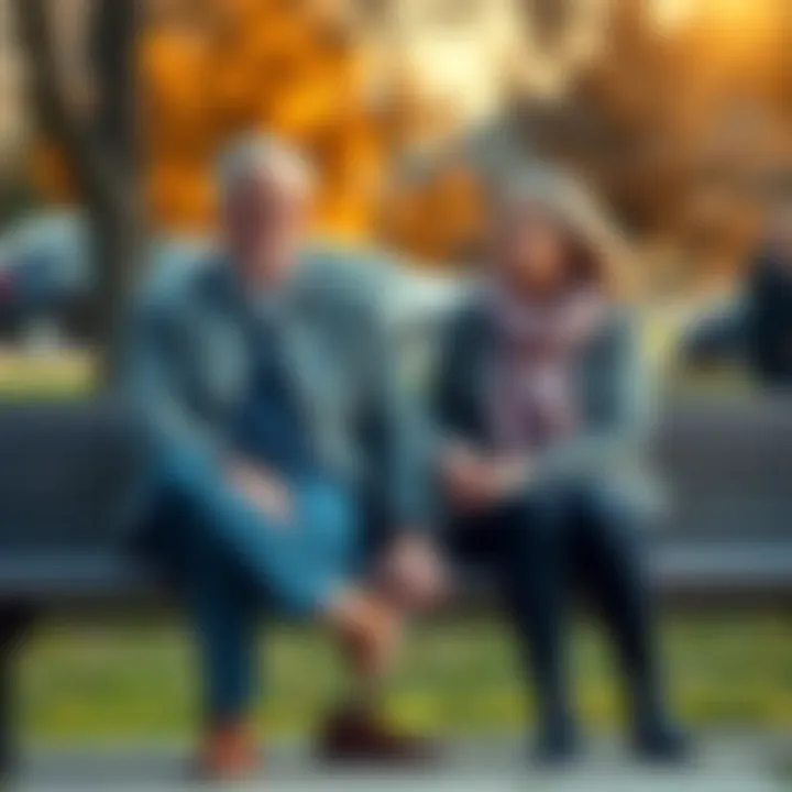 Two people sitting together A man and a woman sitting on a bench, looking contemplative while holding hands, symbolizing support during health struggles.