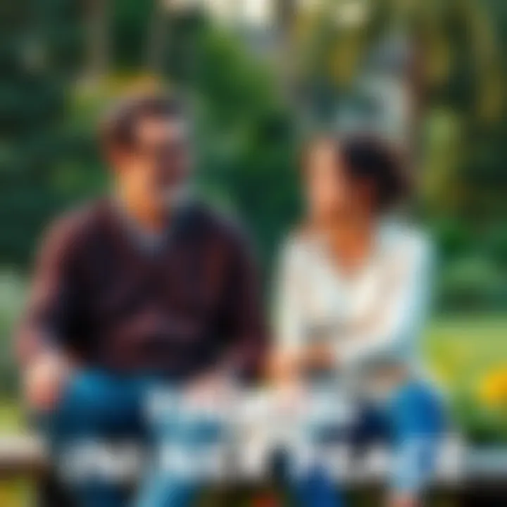 A man and a woman sitting together in a peaceful outdoor setting, engaging in an honest conversation to resolve their conflict and find emotional balance.