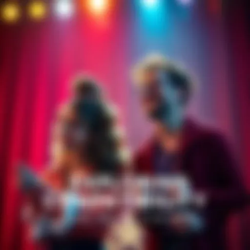 Two actors performing on stage, portraying the roles of friends and lovers with vibrant expressions