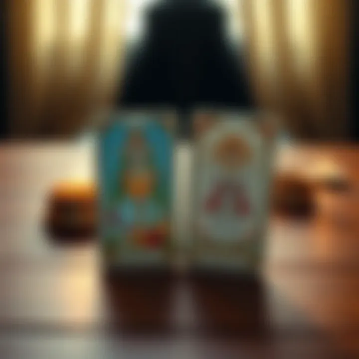 Two tarot cards, the Two of Cups and Nine of Cups, placed on a wooden table with soft lighting, symbolizing love and emotional healing.