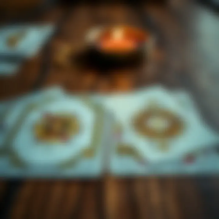 A close-up view of two different tarot decks laid out on a wooden table, with cards facing up, inviting exploration of their readings.