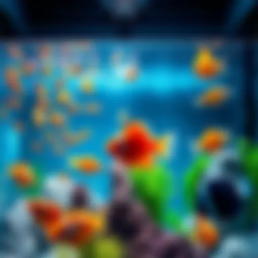 One aquarium is chaotic with colorful fish swimming around, while the other is orderly with fish displaying intelligent behavior.