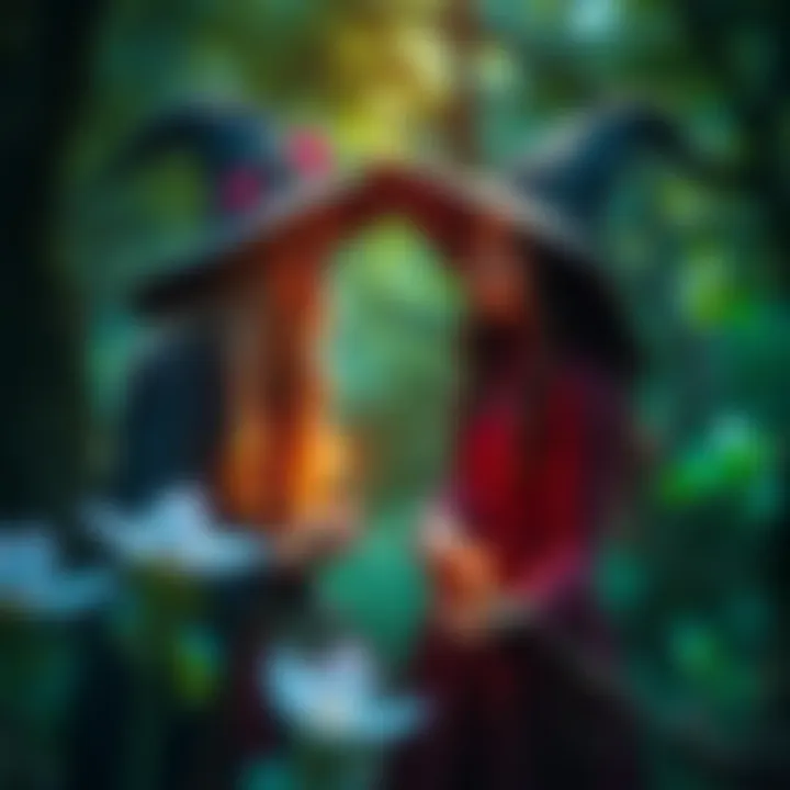 Two witches in a park, one looking upset while the other appears jealous, surrounded by nature and magical symbols, reflecting friendship struggles in witchcraft.